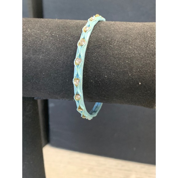 Jewelry - Light Blue Enamel Rhinestone Bangle Bracelet Slim Textured Stacking Band